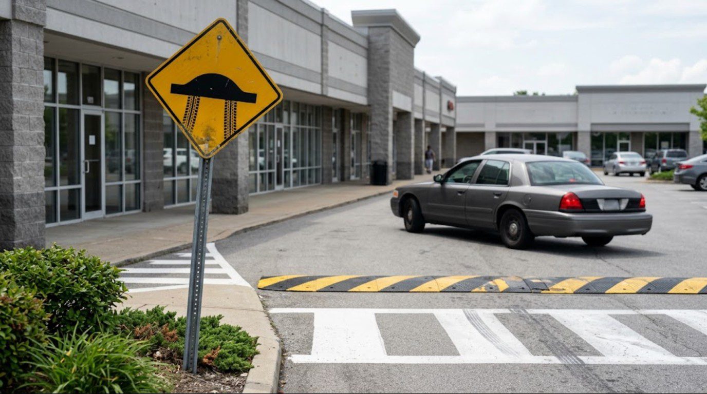 Warning sign and white pavement markings placed before a reflective speed bump at a shopping center entrance