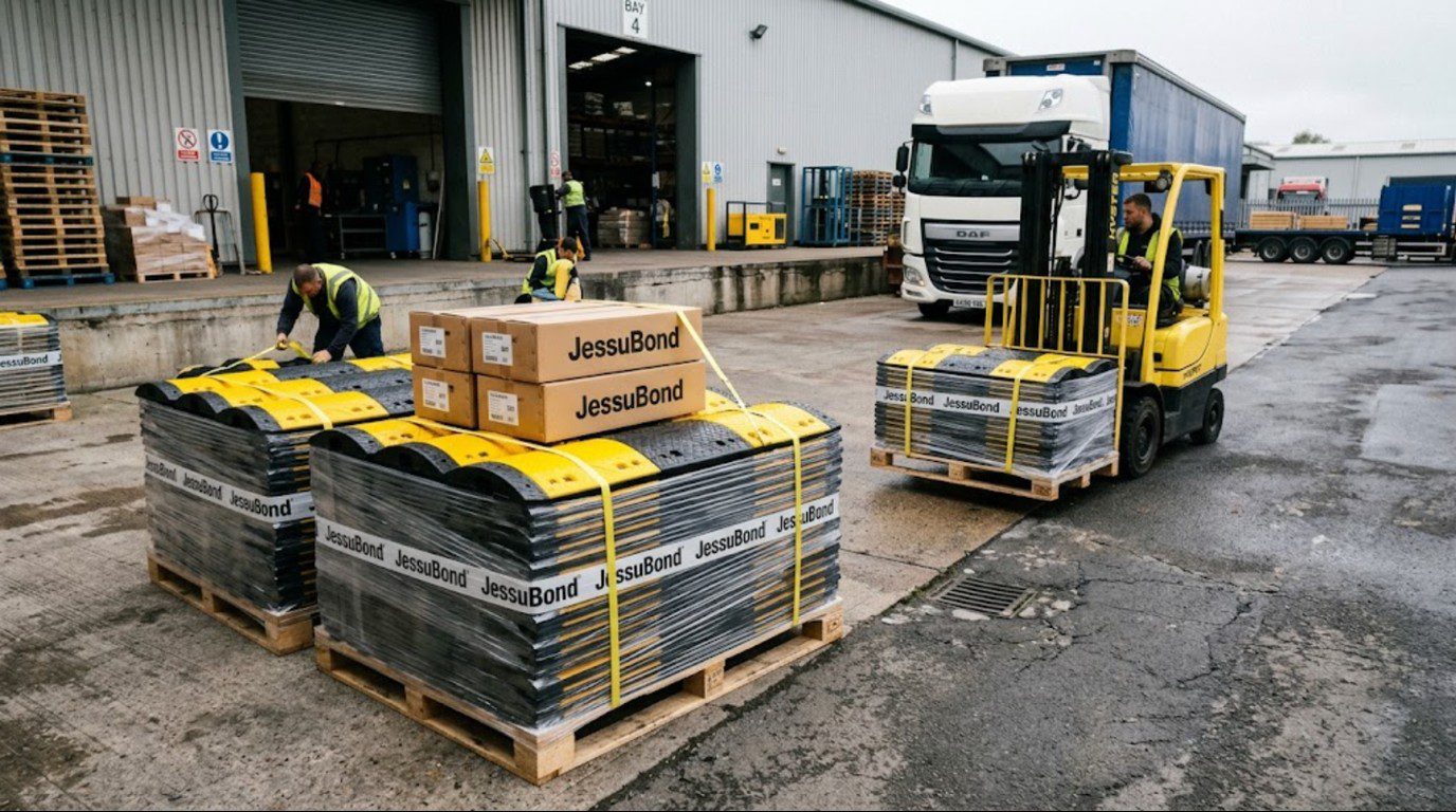 Pallets of black and yellow reflective speed bump sections packed for wholesale delivery with reflector inserts