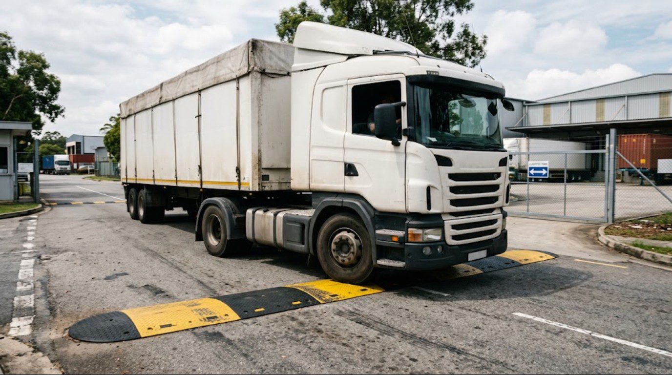 Loaded truck crossing a heavy duty speed bump at a logistics park entrance