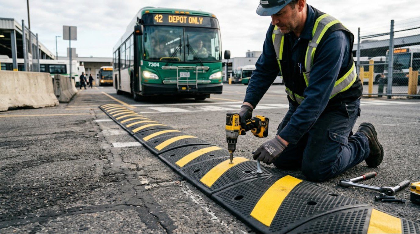 Modular rubber heavy duty speed bump sections anchored to asphalt at a bus depot