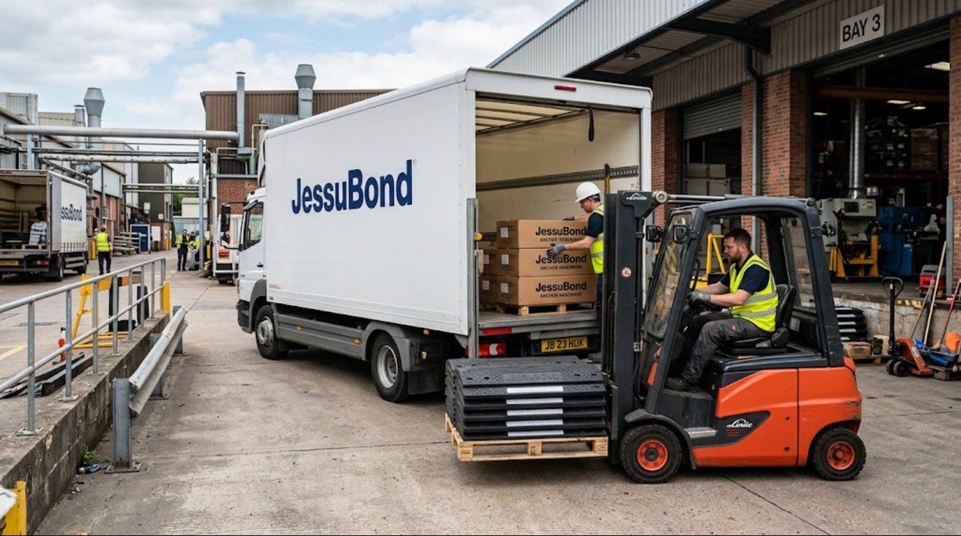 Pallets of heavy duty speed bump sections and hardware packed for wholesale delivery to a logistics operator