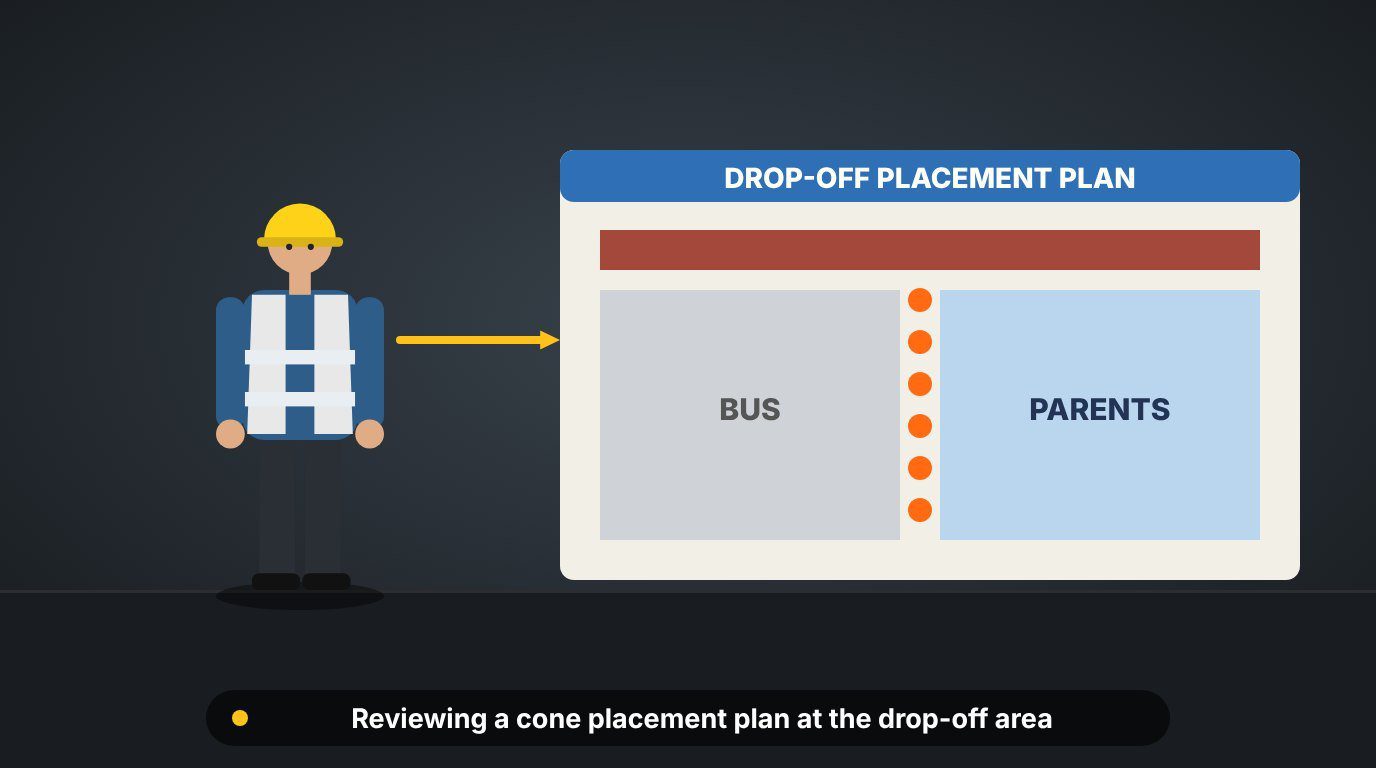Campus facility manager reviewing a school traffic cones placement plan at a drop-off area