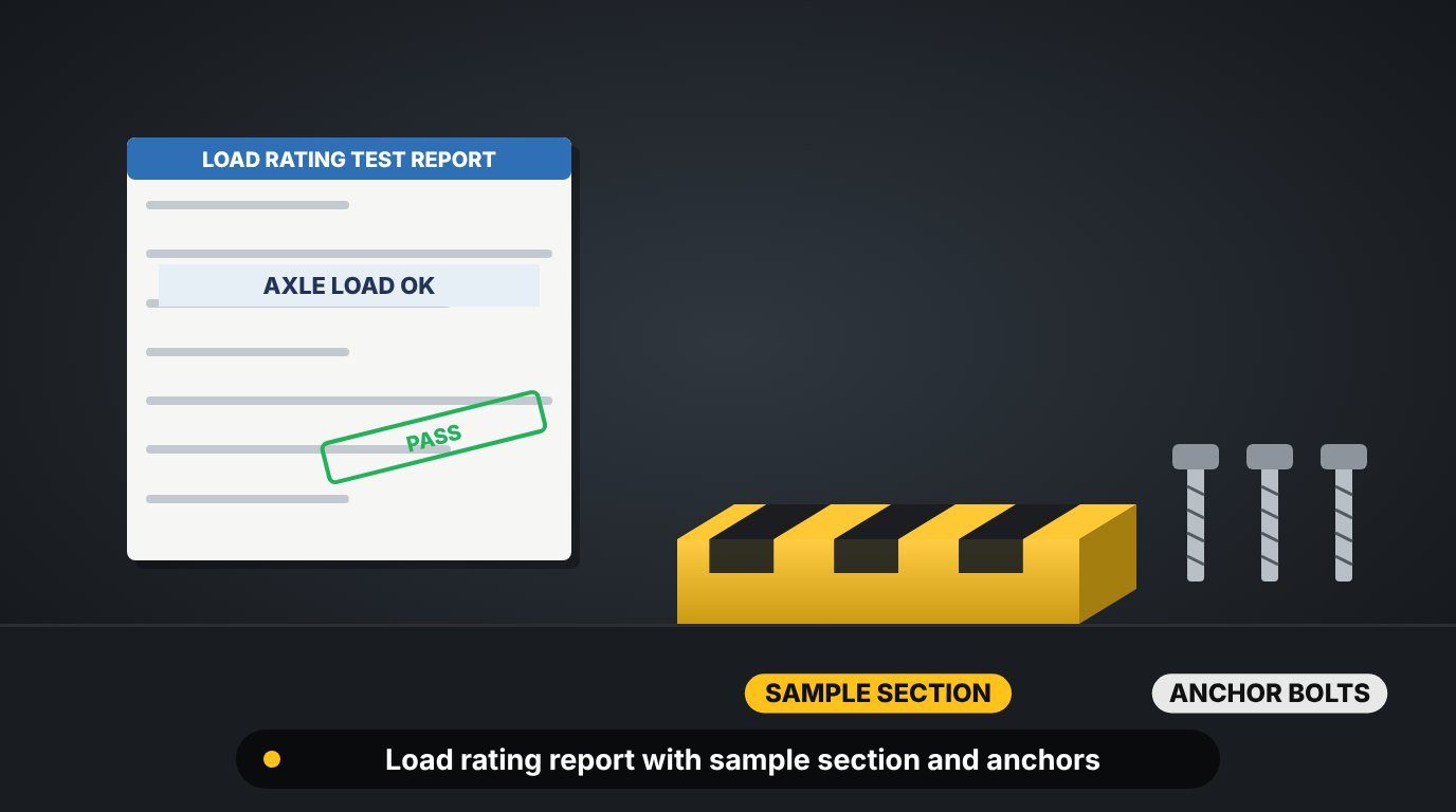 Test report and sample sections of a heavy duty speed bump showing load rating and anchor details